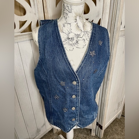 Apache West denim vest silvertone buttons Rhinestone Stars Distressed Large - Picture 1 of 5